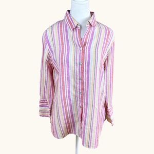 Chico’s Linen Shirt Stripe Button Down Pink Yellow (8)